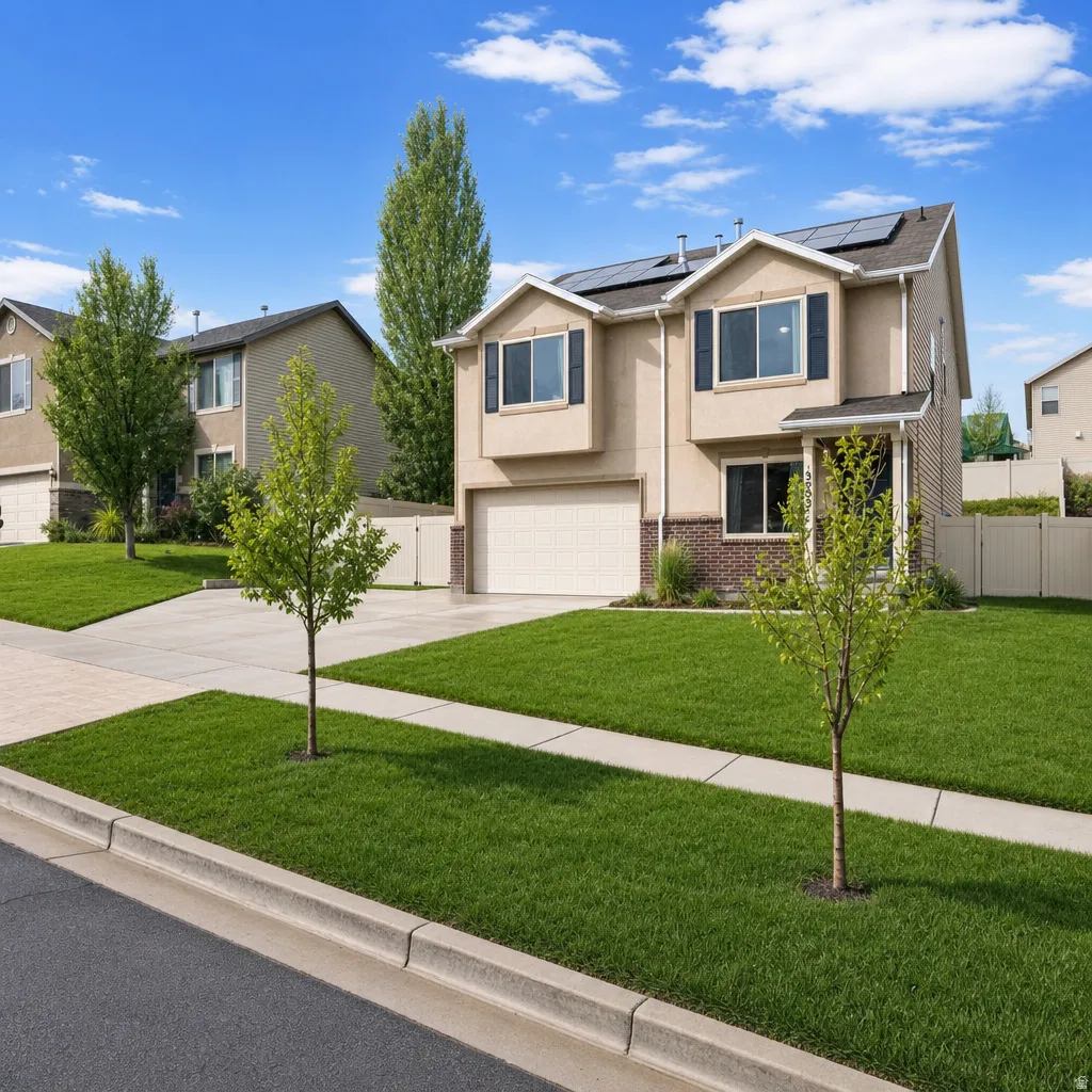 Two-story residence featuring a two-car garage, solar panels, and a mixed-material facade with brick accents. Landscaping is virtually staged to reflect summer lawn and trees.