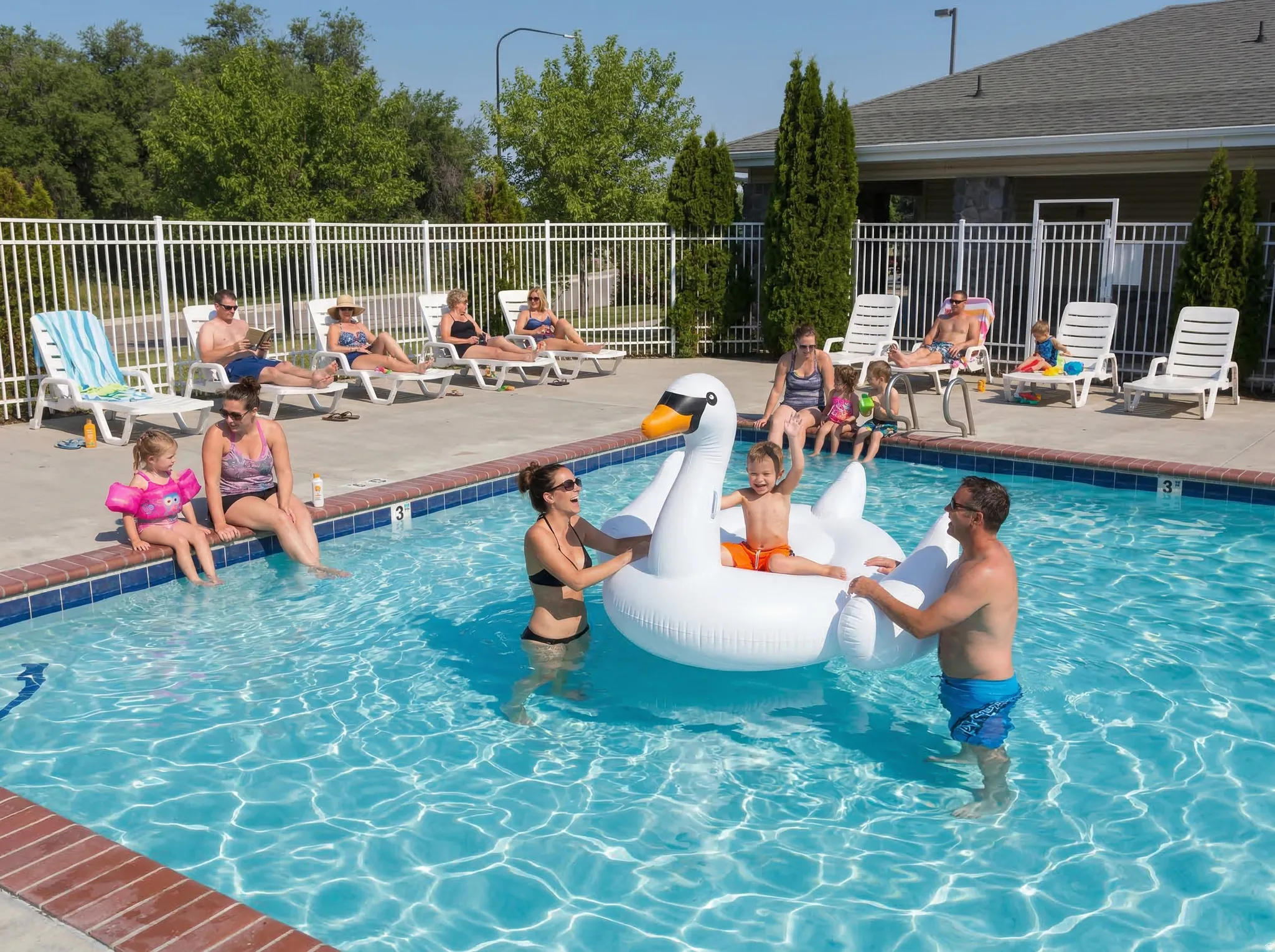 Community pool with a patio