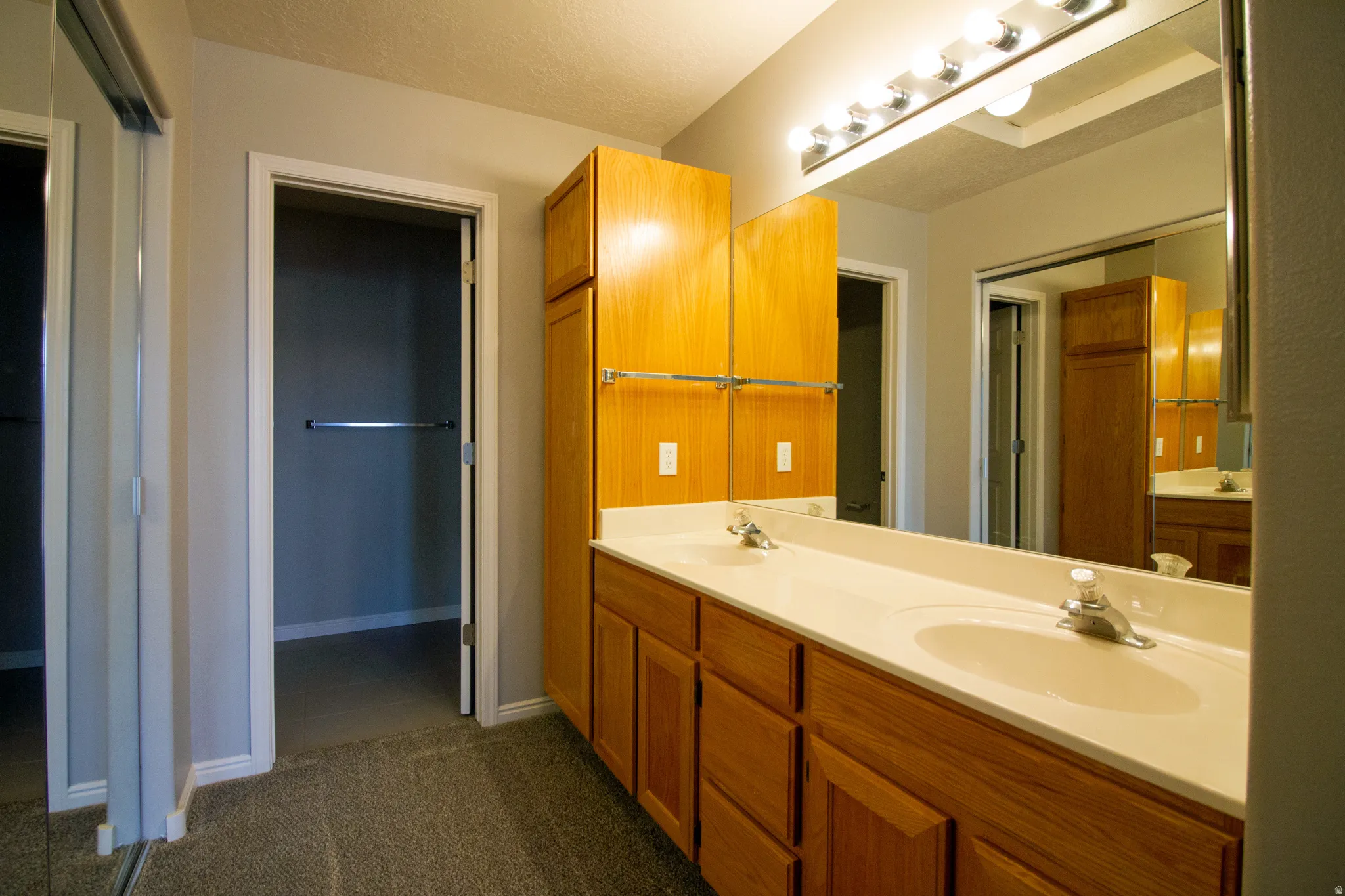 Bathroom featuring double vanity and dark colored carpet