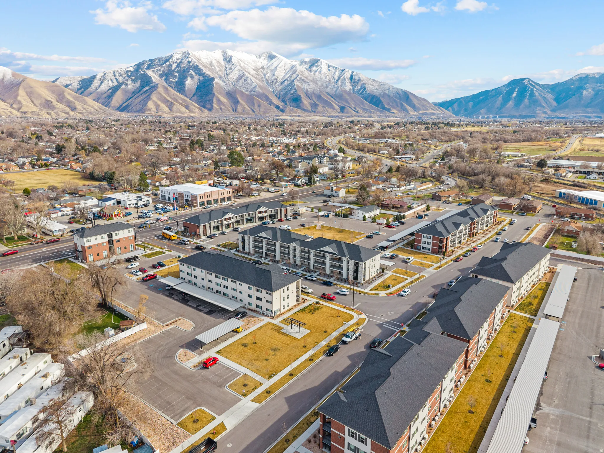 Bird's eye view of mountains and apartment complex / building