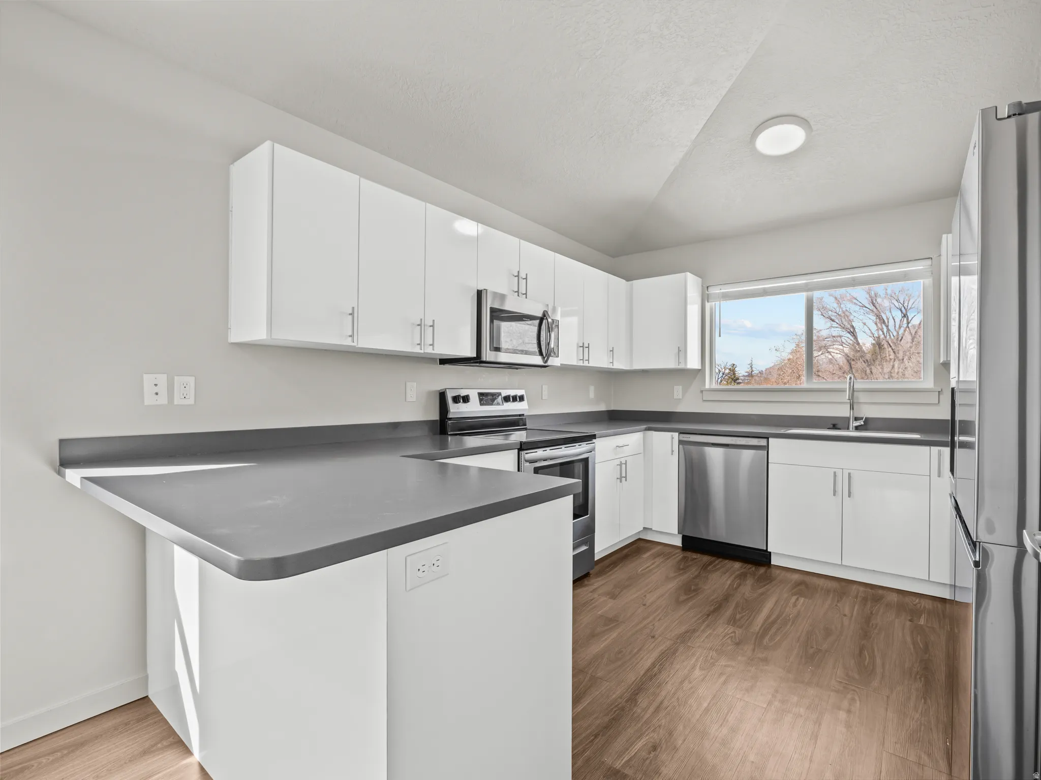 Kitchen featuring white cabinets, stainless steel appliances, dark wood-type flooring, a peninsula, and dark countertops