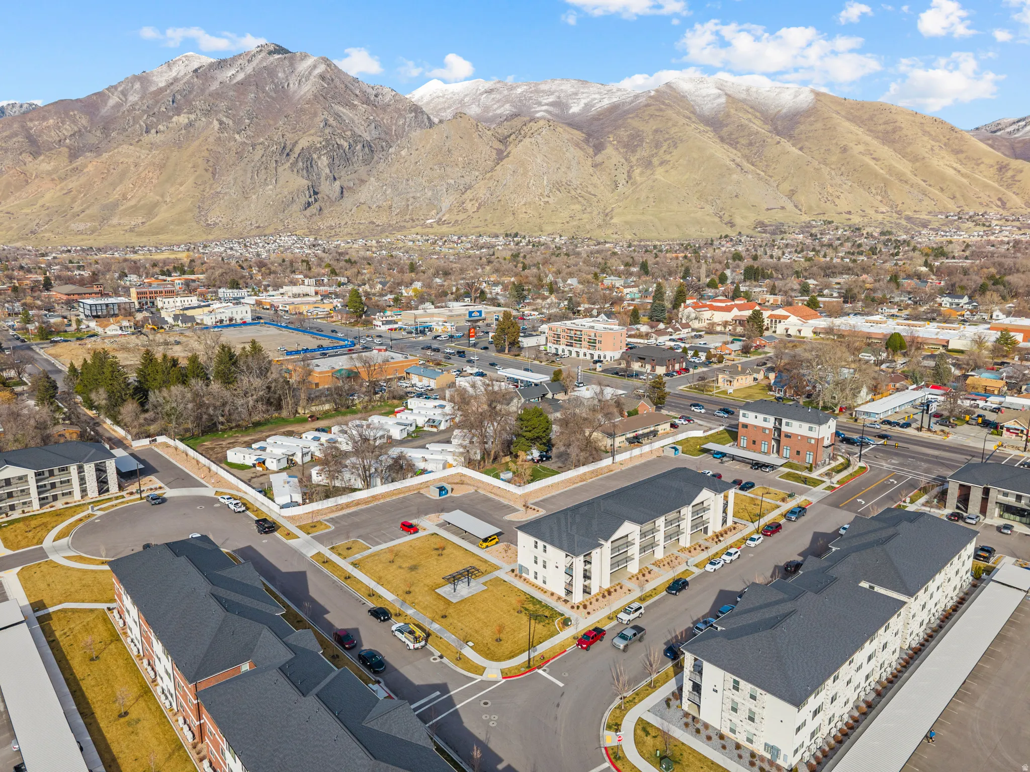 Bird's eye view of a mountainous background