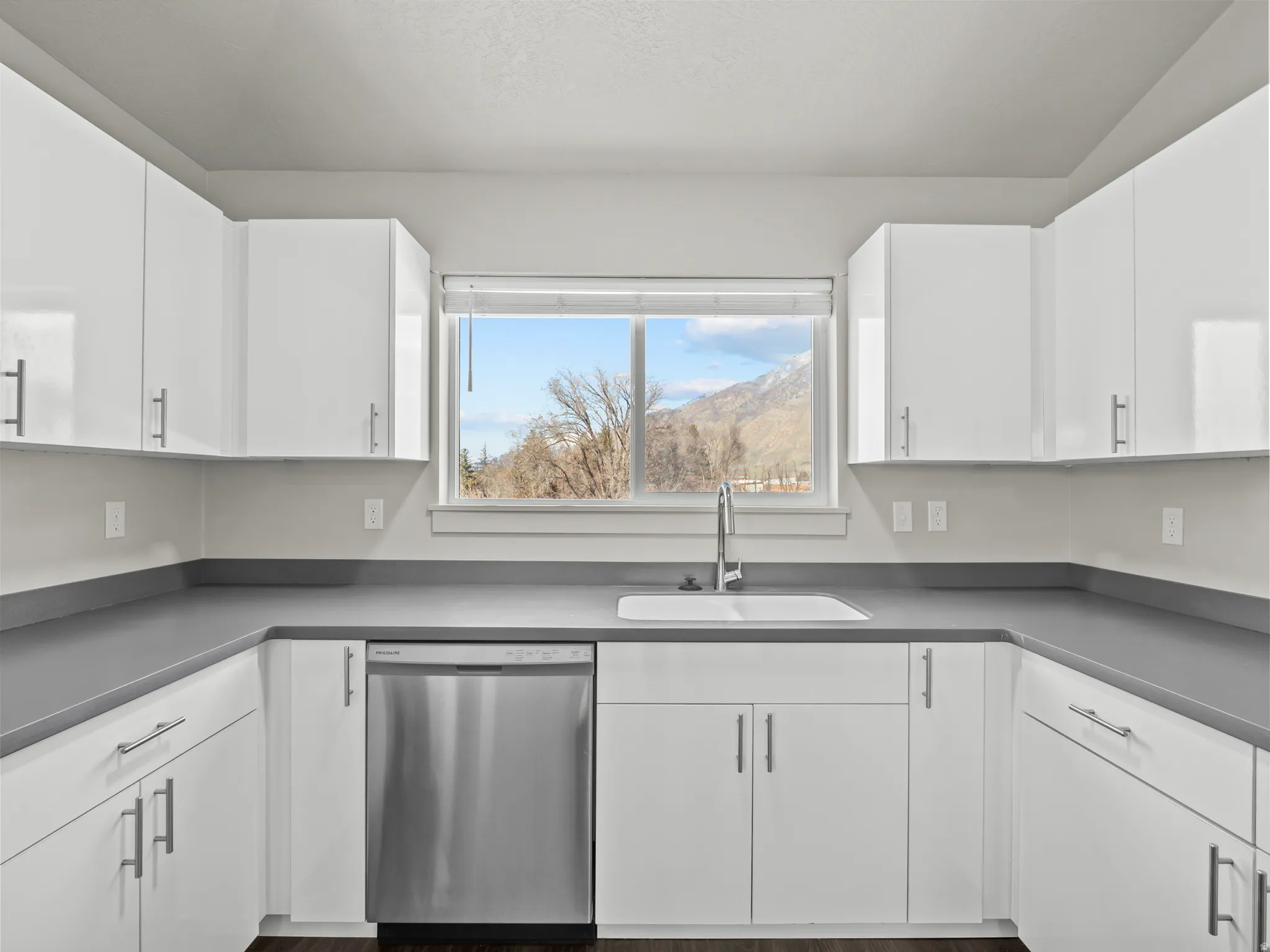 Kitchen with stainless steel dishwasher, white cabinetry, and dark countertops