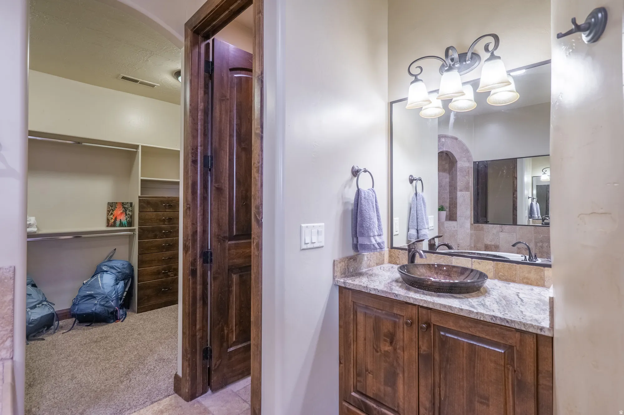Bathroom featuring a walk in closet, vanity, and light colored carpet