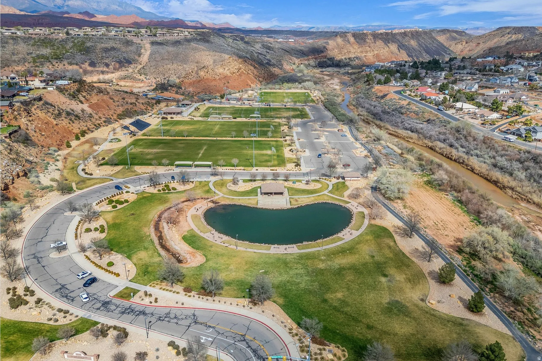 Drone / aerial view of a water and mountain view