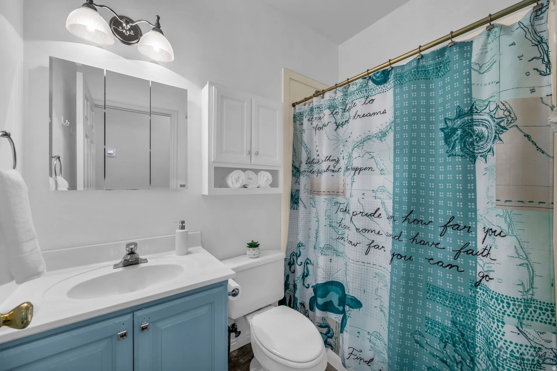 Full bathroom featuring vanity and a shower with curtain