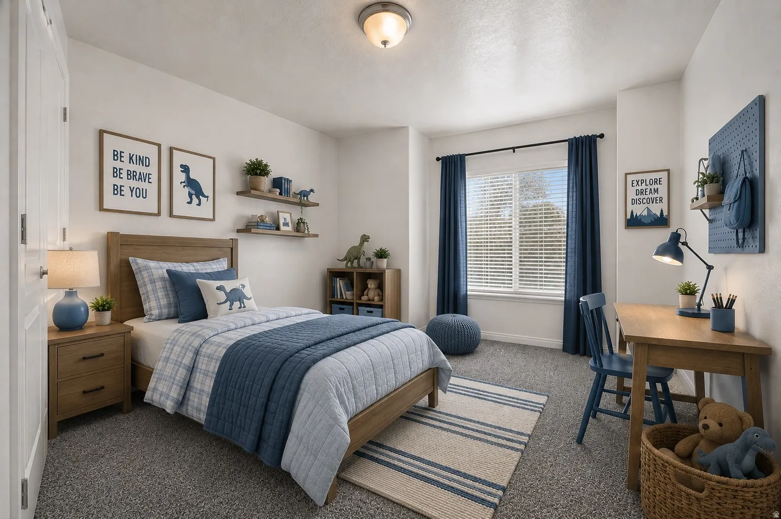 Carpeted bedroom featuring a window with blinds, a ceiling-mounted light fixture, and a built-in closet door