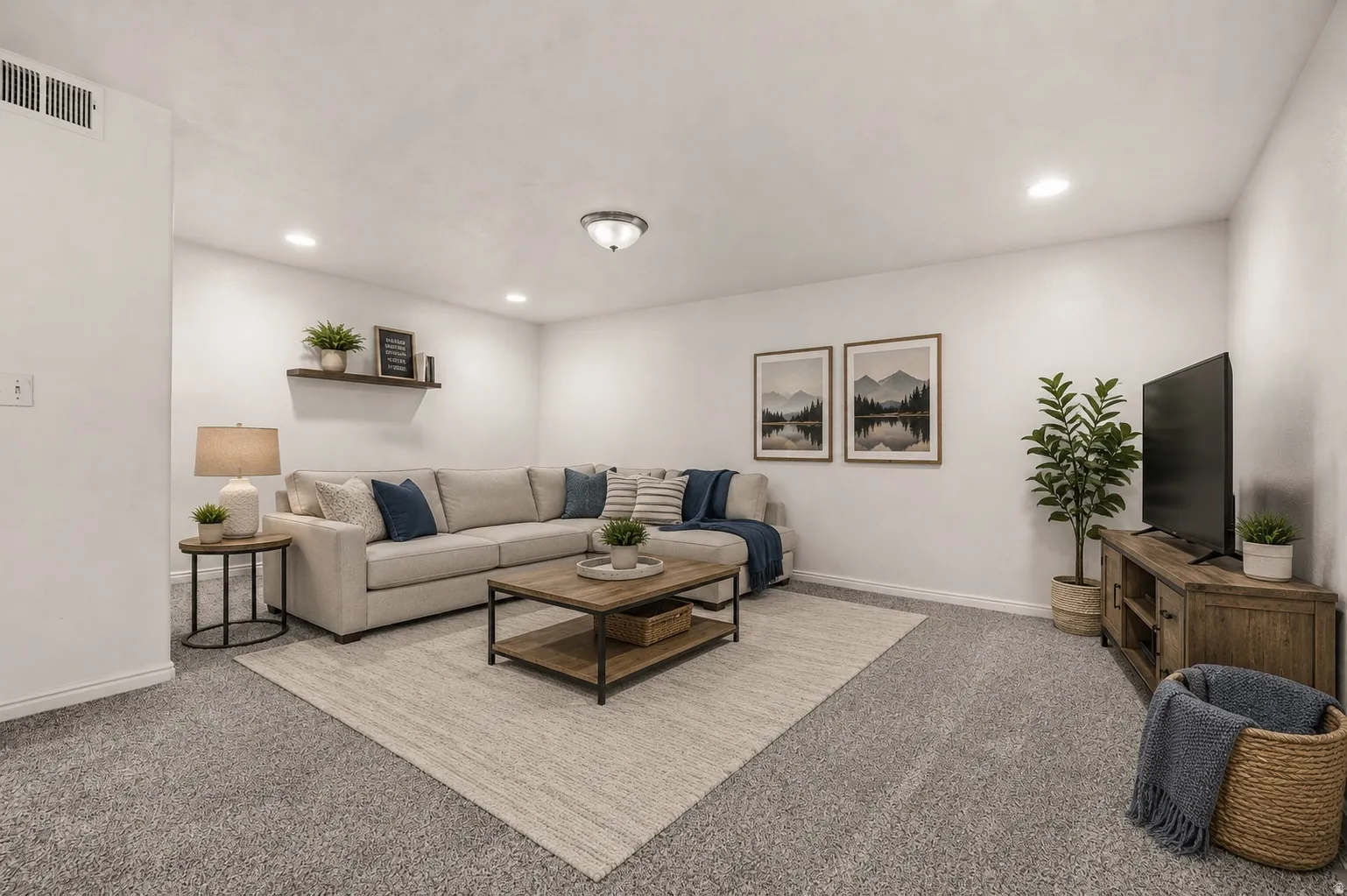 Basement Virtual Staging of family room.