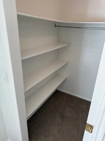 Built-in shelving, hanging rod, neutral-toned carpeting, and white trim