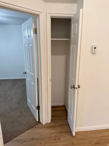 Closet featuring shelving and hanging rod, wood-finish flooring, and white paneled doors