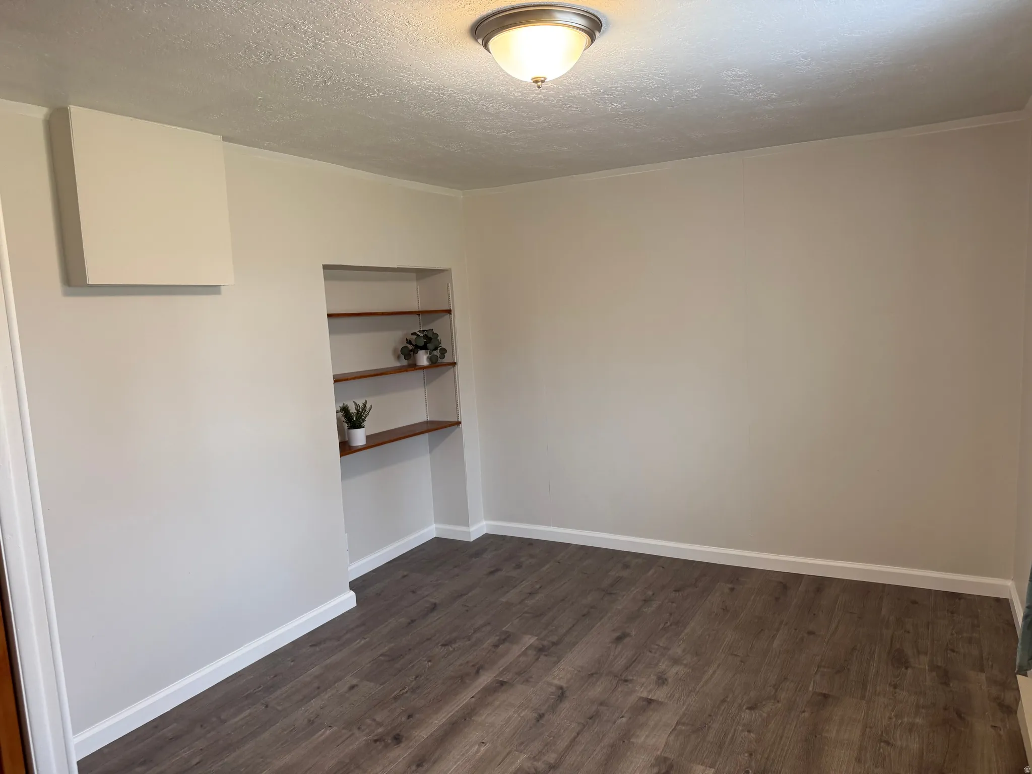 Empty room featuring dark wood-type flooring and a textured ceiling
