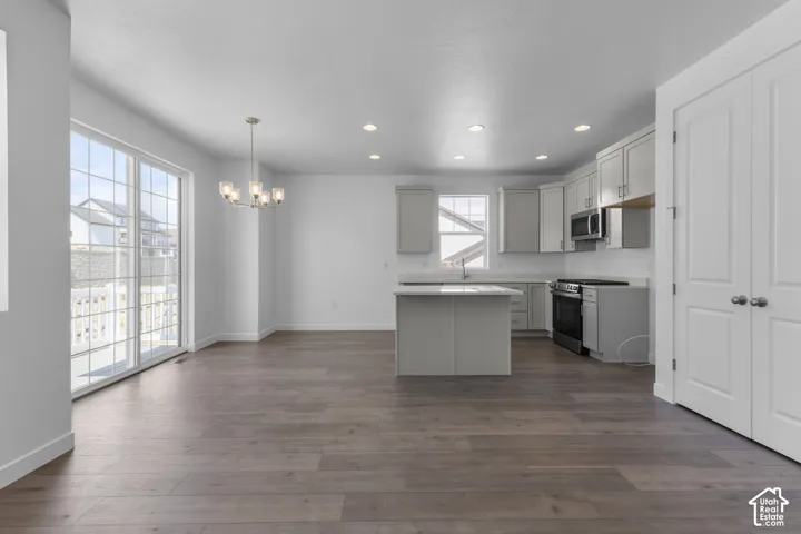 Wood-finish flooring throughout, sliding glass door, recessed lighting, island with sink, and stainless steel appliances