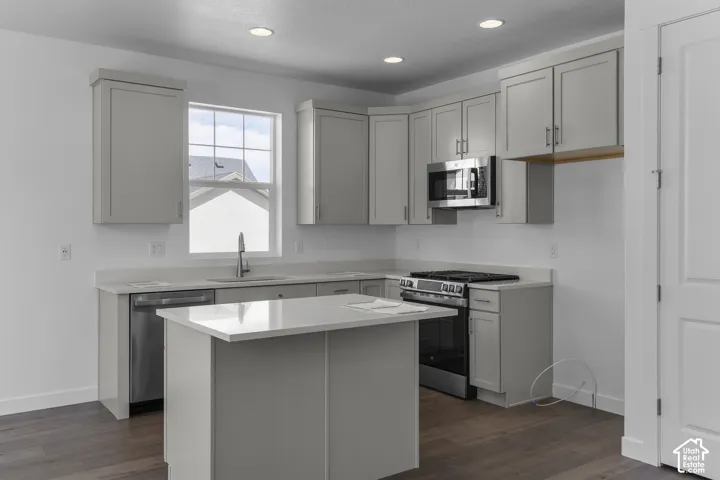 Contemporary kitchen featuring light gray cabinetry, stainless steel appliances, a corner window, a central island, and wood-finish flooring