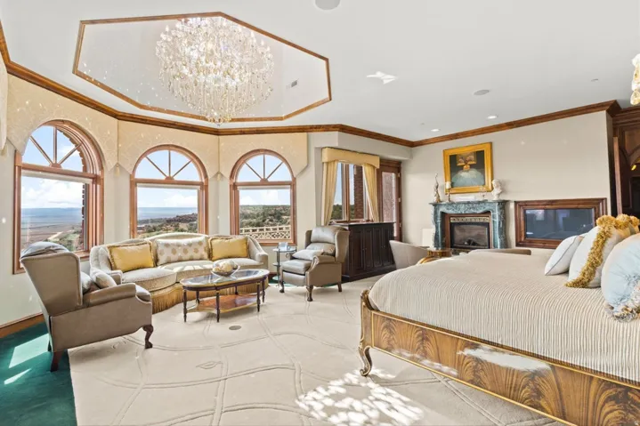Octagonal tray ceiling with a large crystal chandelier