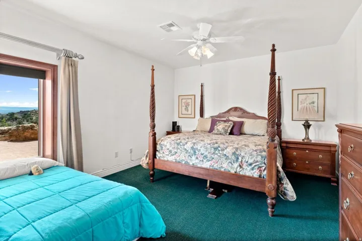 Full-height glass door with exterior access, white walls, and a ceiling fan