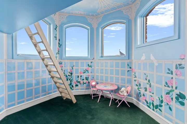 Integrated ladder access, arched windows, painted ceiling details, decorative wall paneling, and green carpet flooring