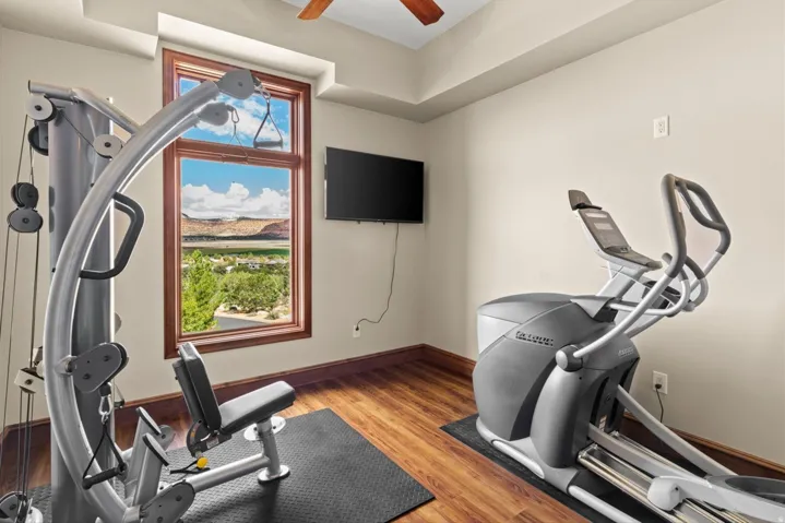 Rich wood-finish flooring, a ceiling fan, and a wall-mounted display