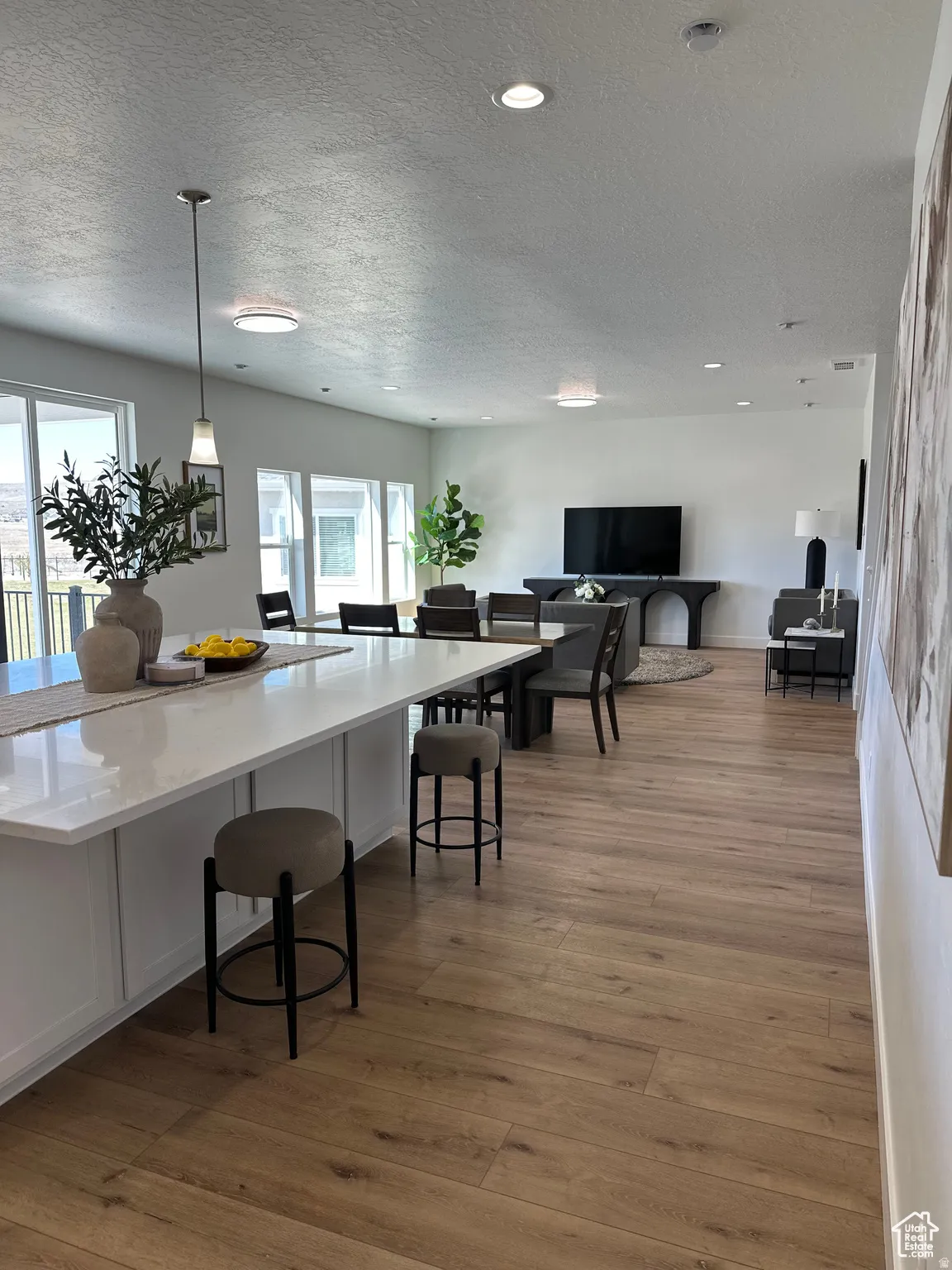 Dining space with light wood-style floors and a textured ceiling