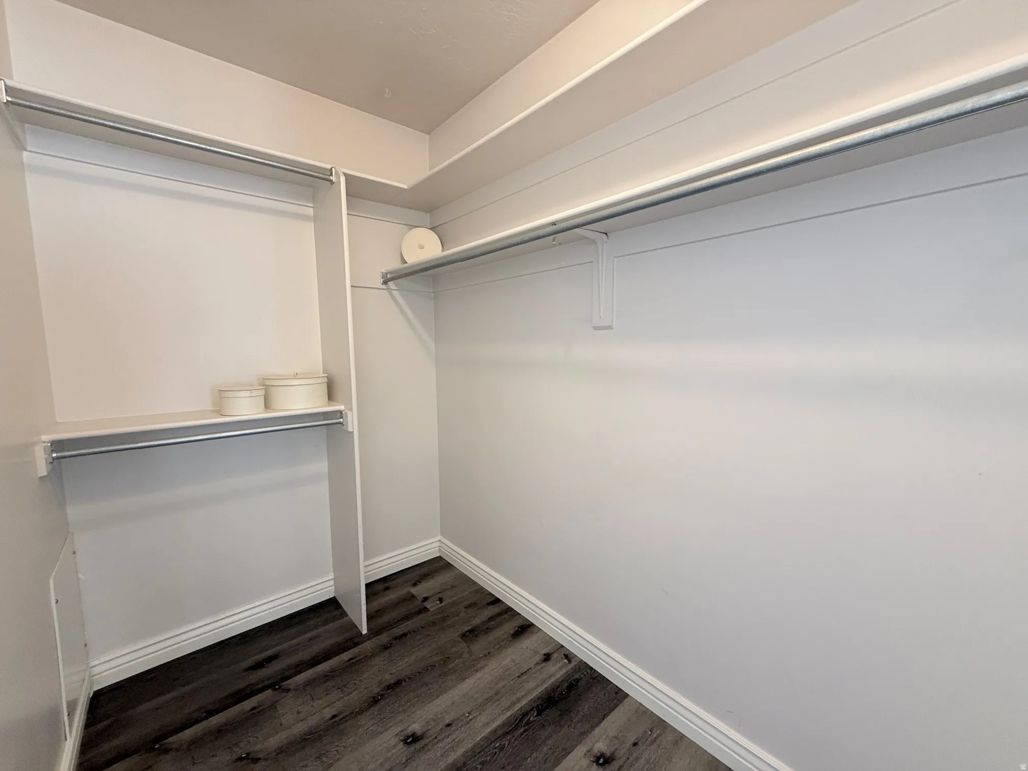 Walk in closet with dark wood-style flooring