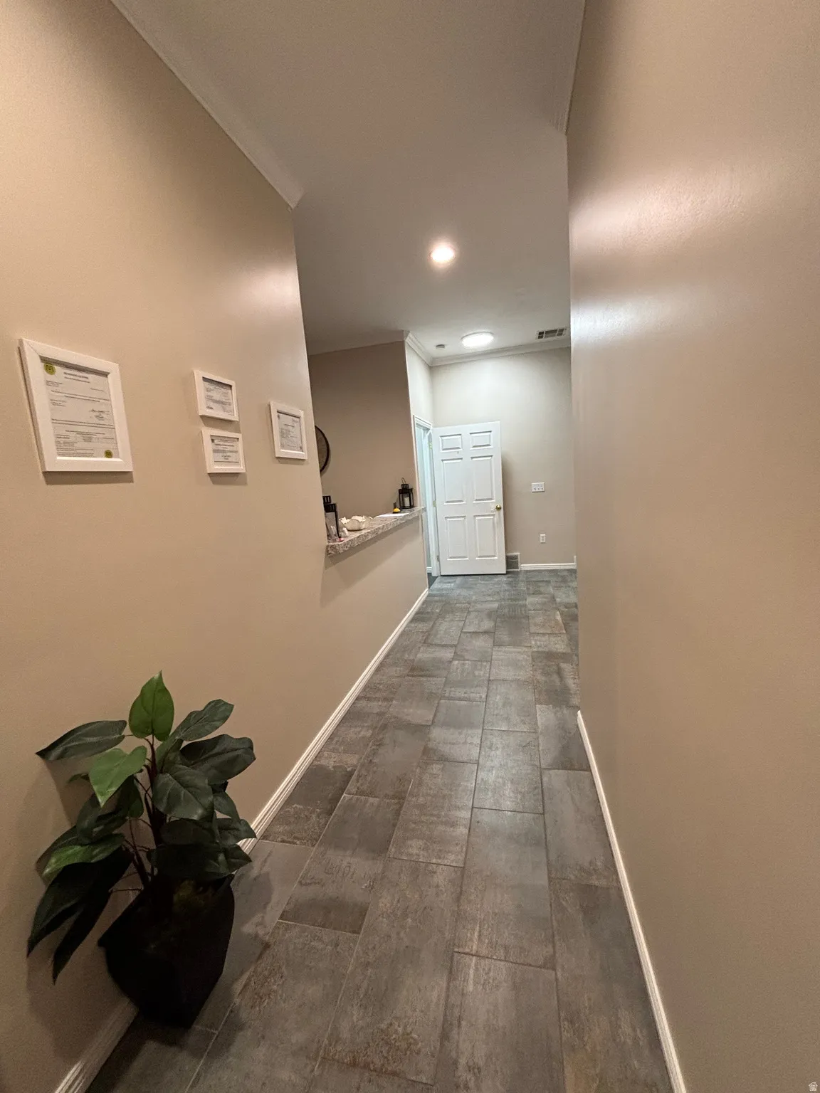 Hallway featuring crown molding and recessed lighting