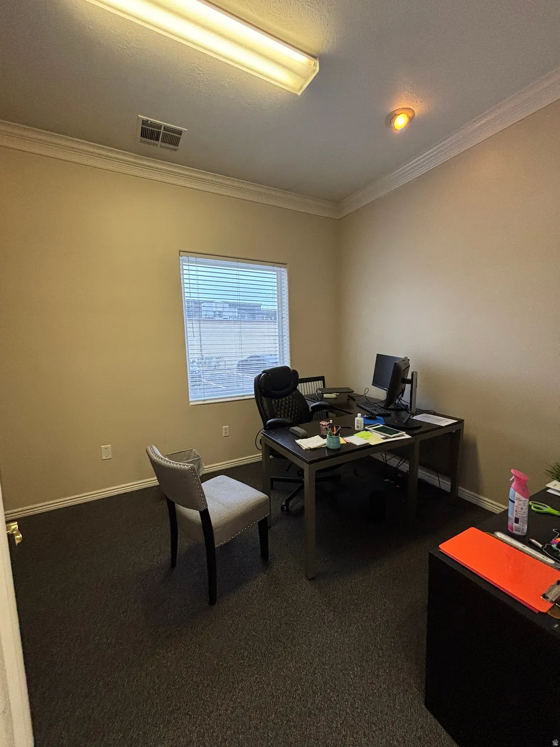Home office featuring ornamental molding and dark carpet