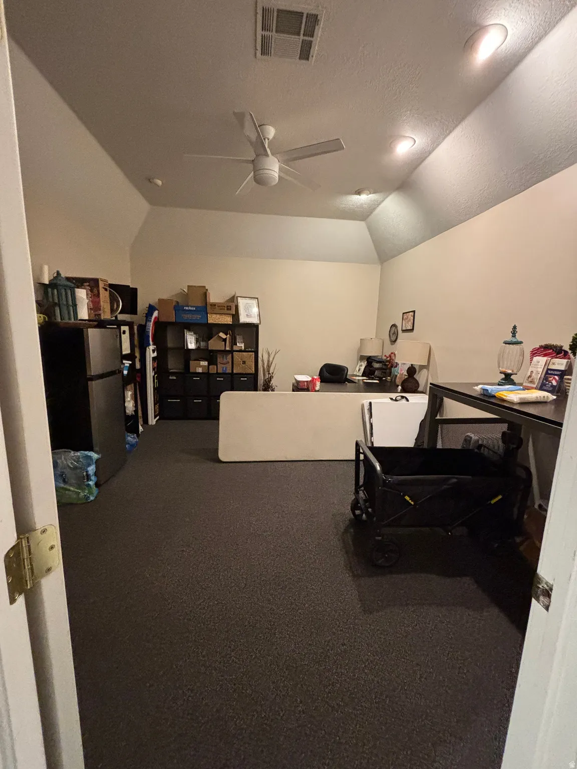 Exercise area featuring carpet floors and a ceiling fan