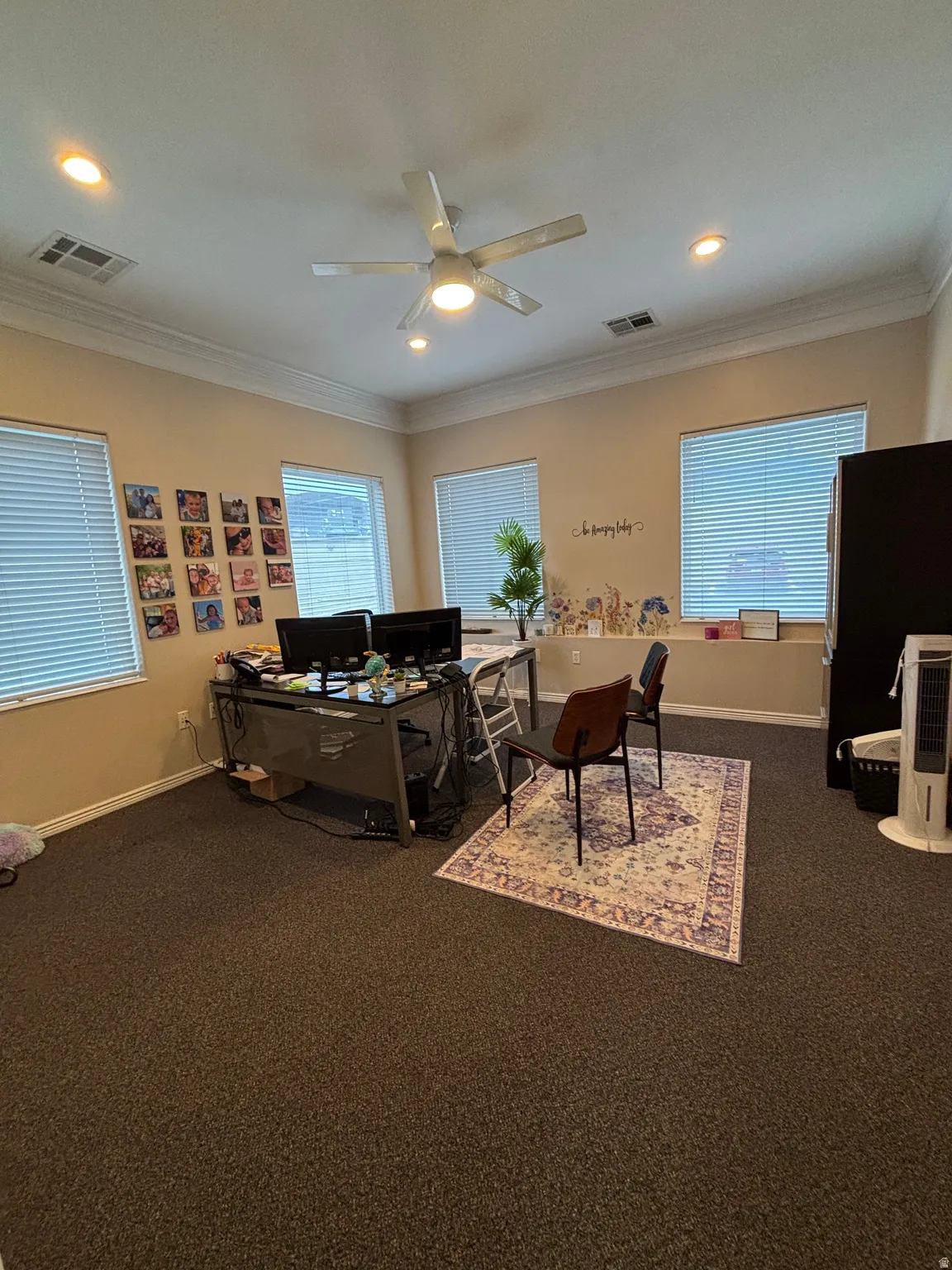 Office with ceiling fan, crown molding, and recessed lighting