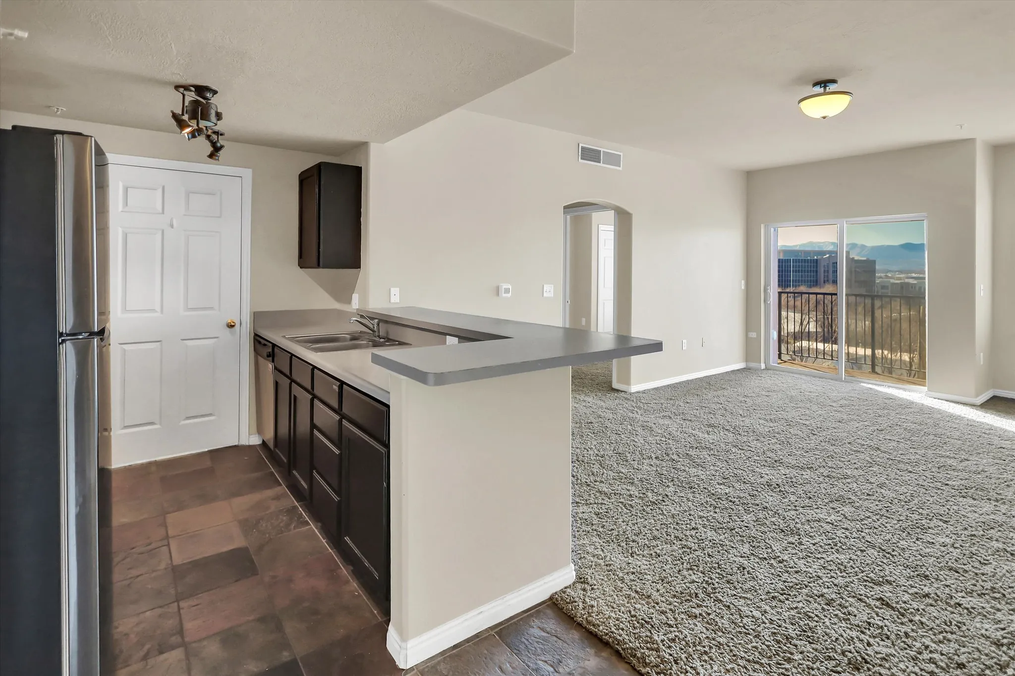 Kitchen with stainless steel appliances, arched walkways, a peninsula, dark wood finish cabinets, and open floor plan