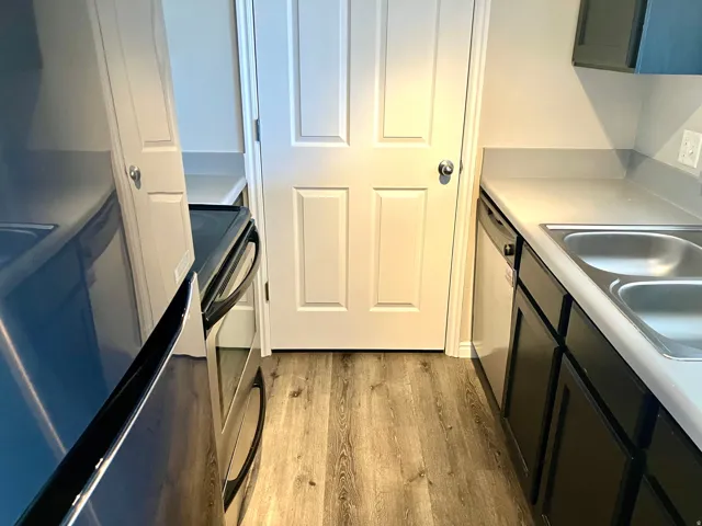 Kitchen featuring wood-finish flooring, stainless steel sink, black cabinetry, and light-colored countertops