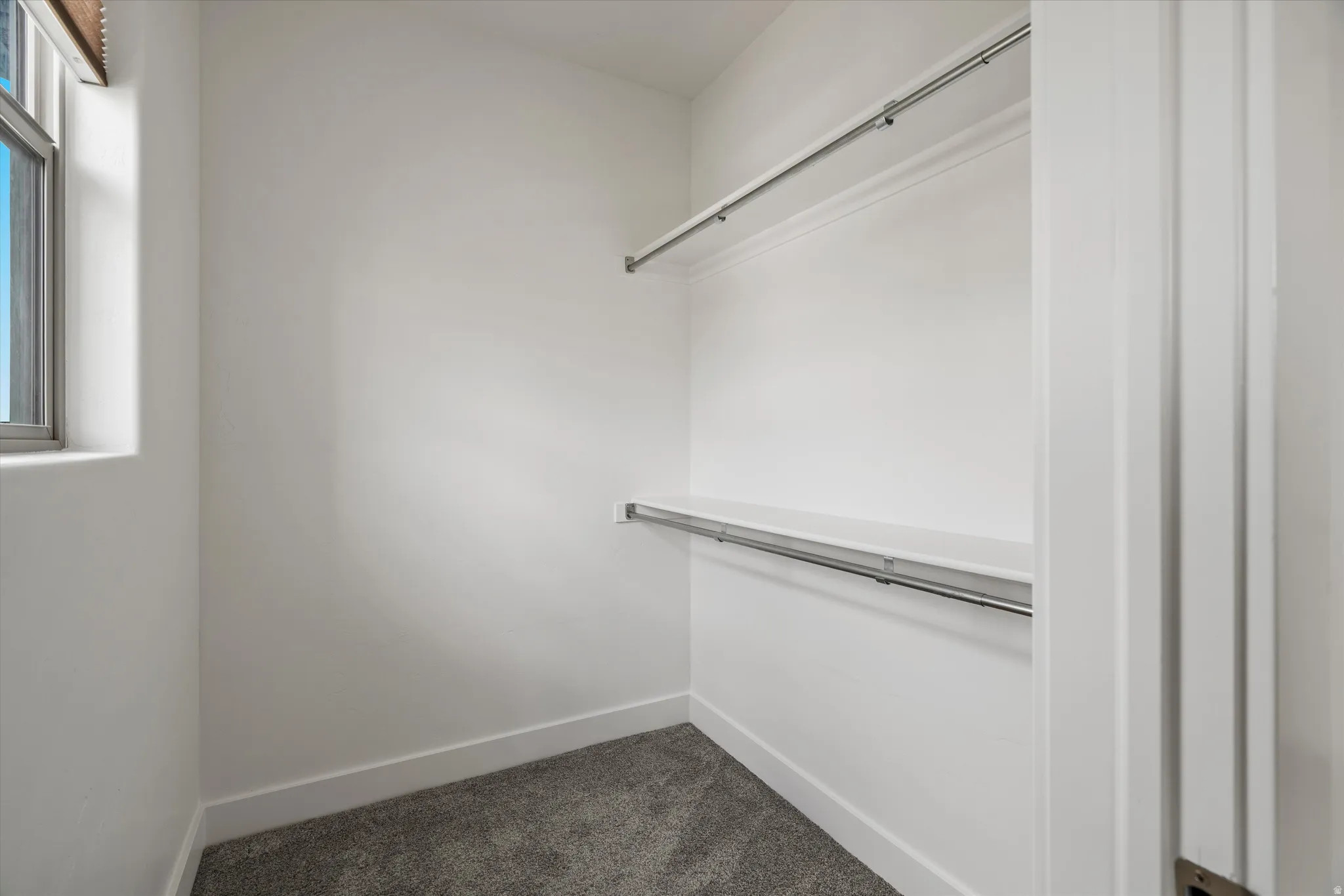 Bright walk-in closet featuring a window with blinds, two chrome hanging rods, a built-in shelf, grey carpet flooring, and white trim