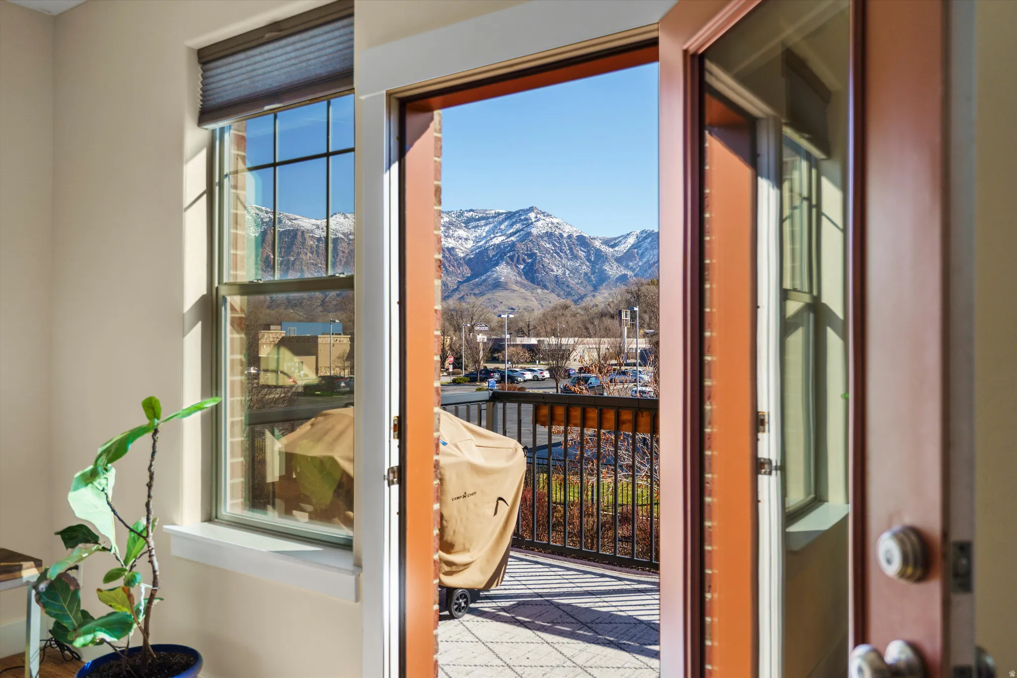 Entryway with a mountain view