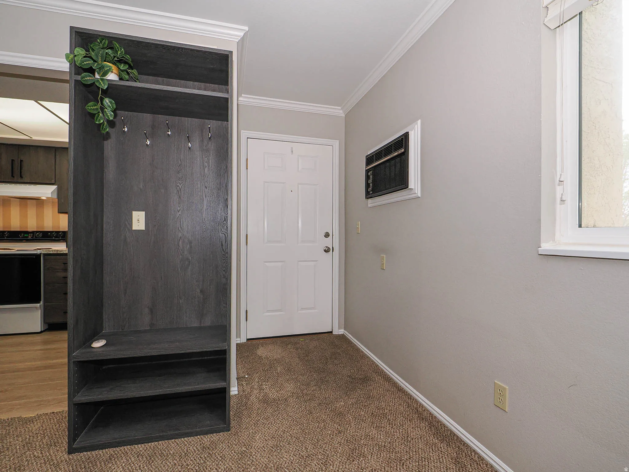 Entryway with crown molding and carpet floors