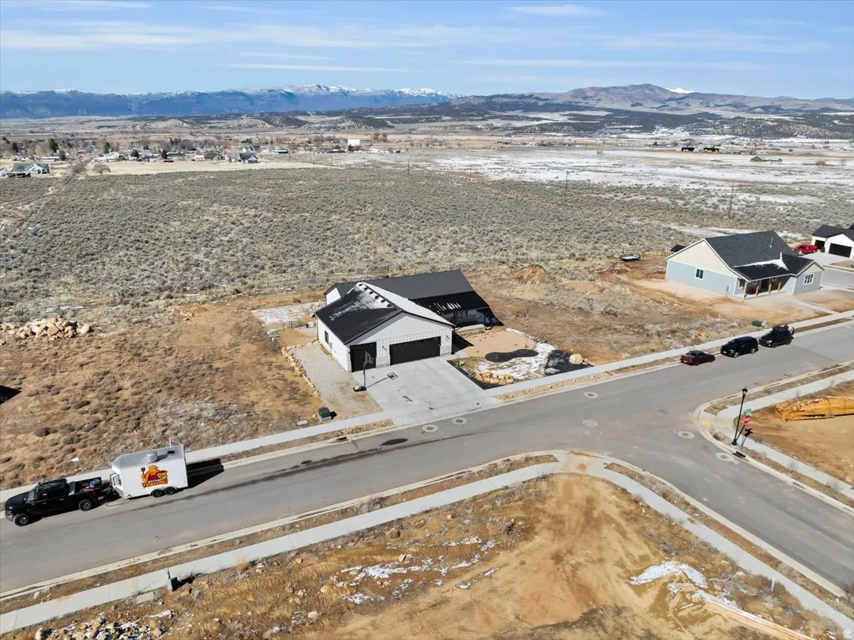 Bird's eye view of a mountainous background