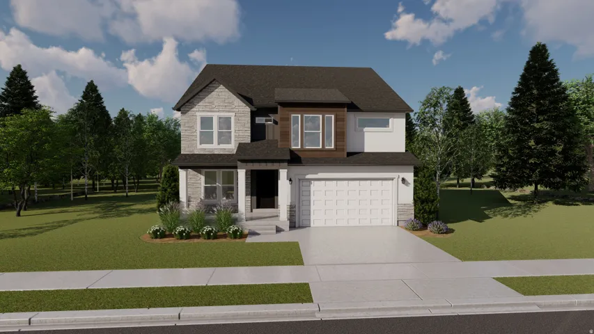 View of front of home featuring stone siding, a front lawn, driveway, and an attached garage