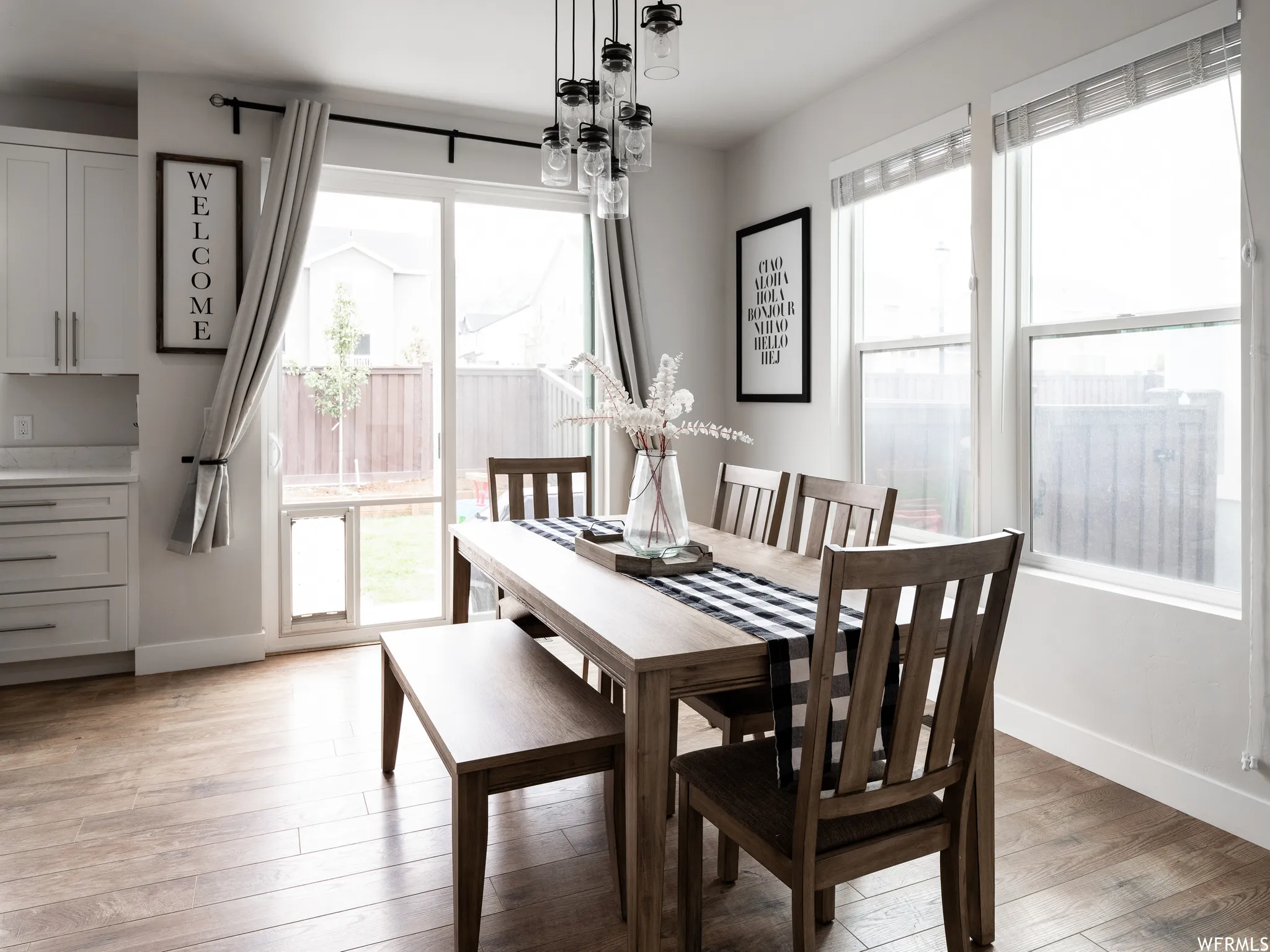Dining room featuring light wood-style flooring, healthy amount of natural light, and hanging lights