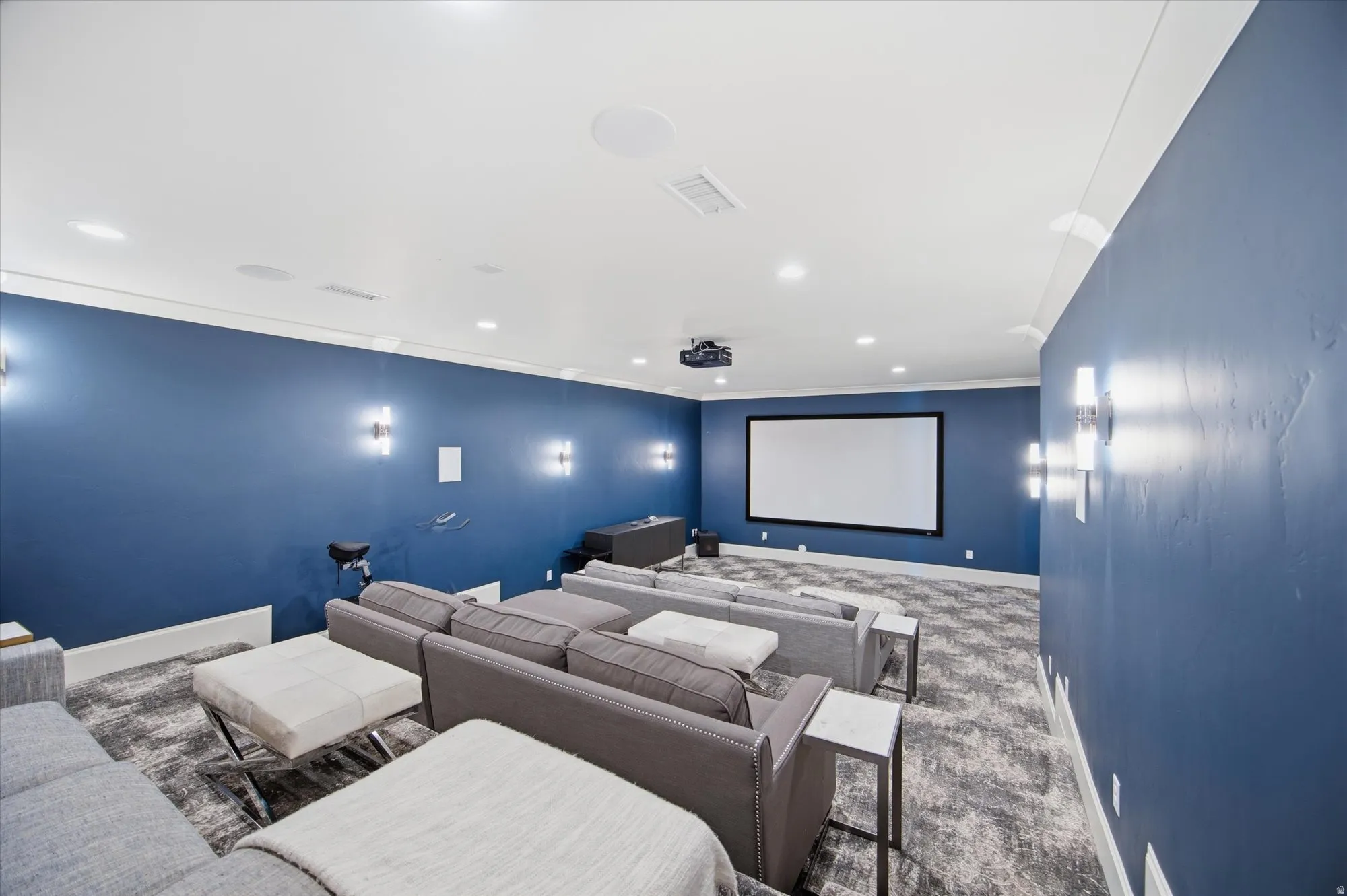 Cinema room with carpet floors and recessed lighting
