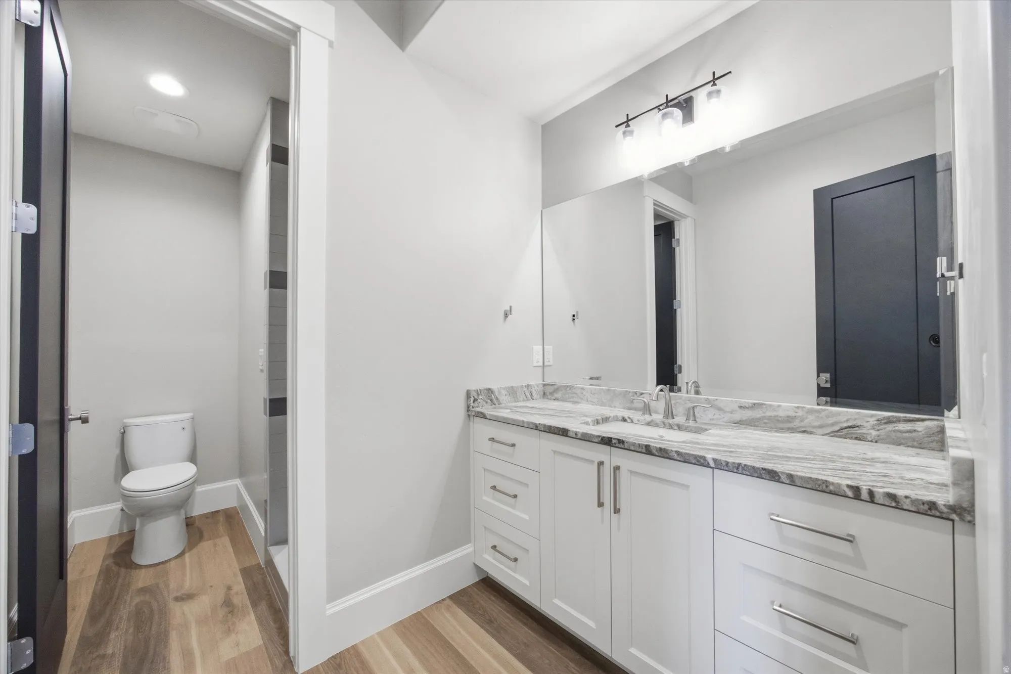 Full bathroom featuring vanity and light wood-style floors