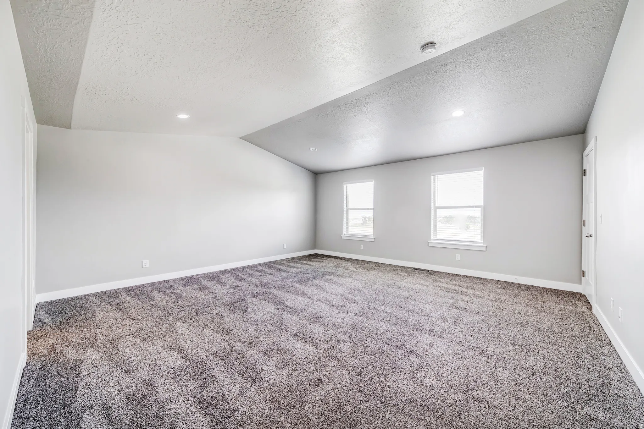 Primary bedroom with vaulted ceiling