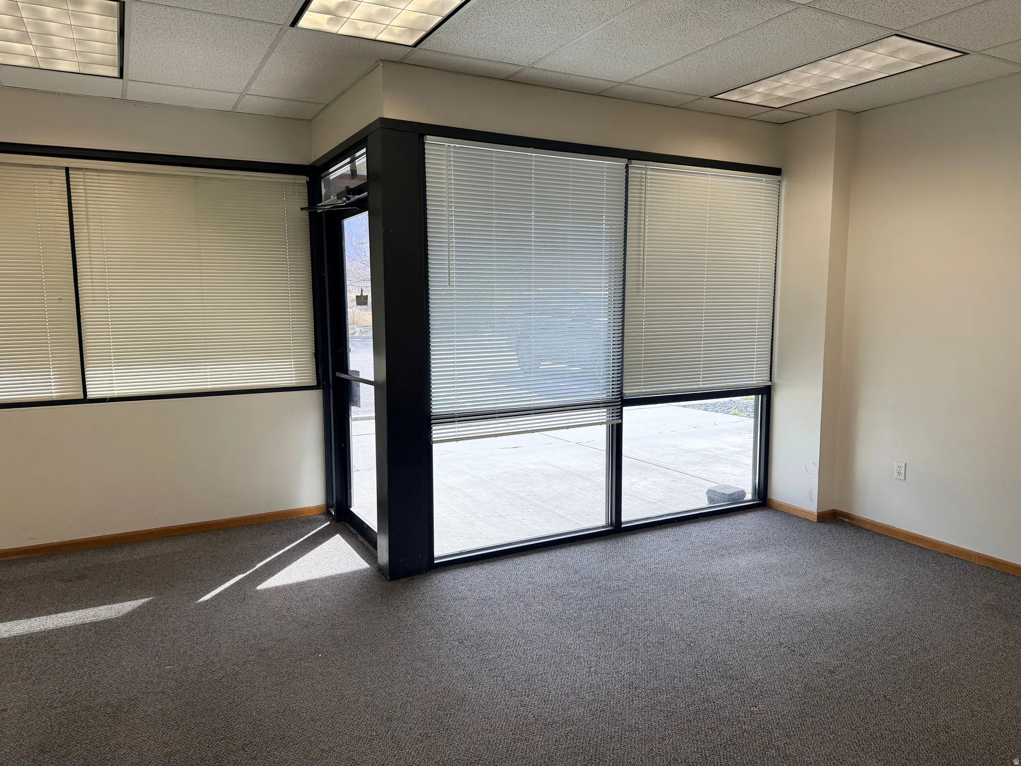 Front entry featuring a paneled ceiling and carpet flooring