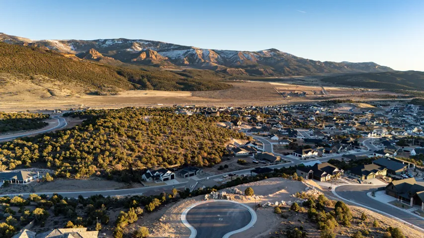 Aerial view of residential area with a mountain backdrop