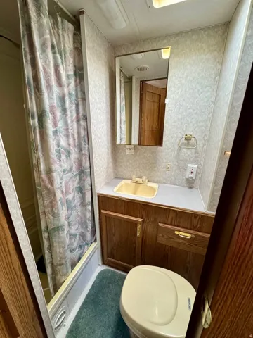 Compact bathroom featuring a shower stall with privacy curtain, a vanity with wood-finish cabinetry, a single basin sink, and a wall-mounted mirror