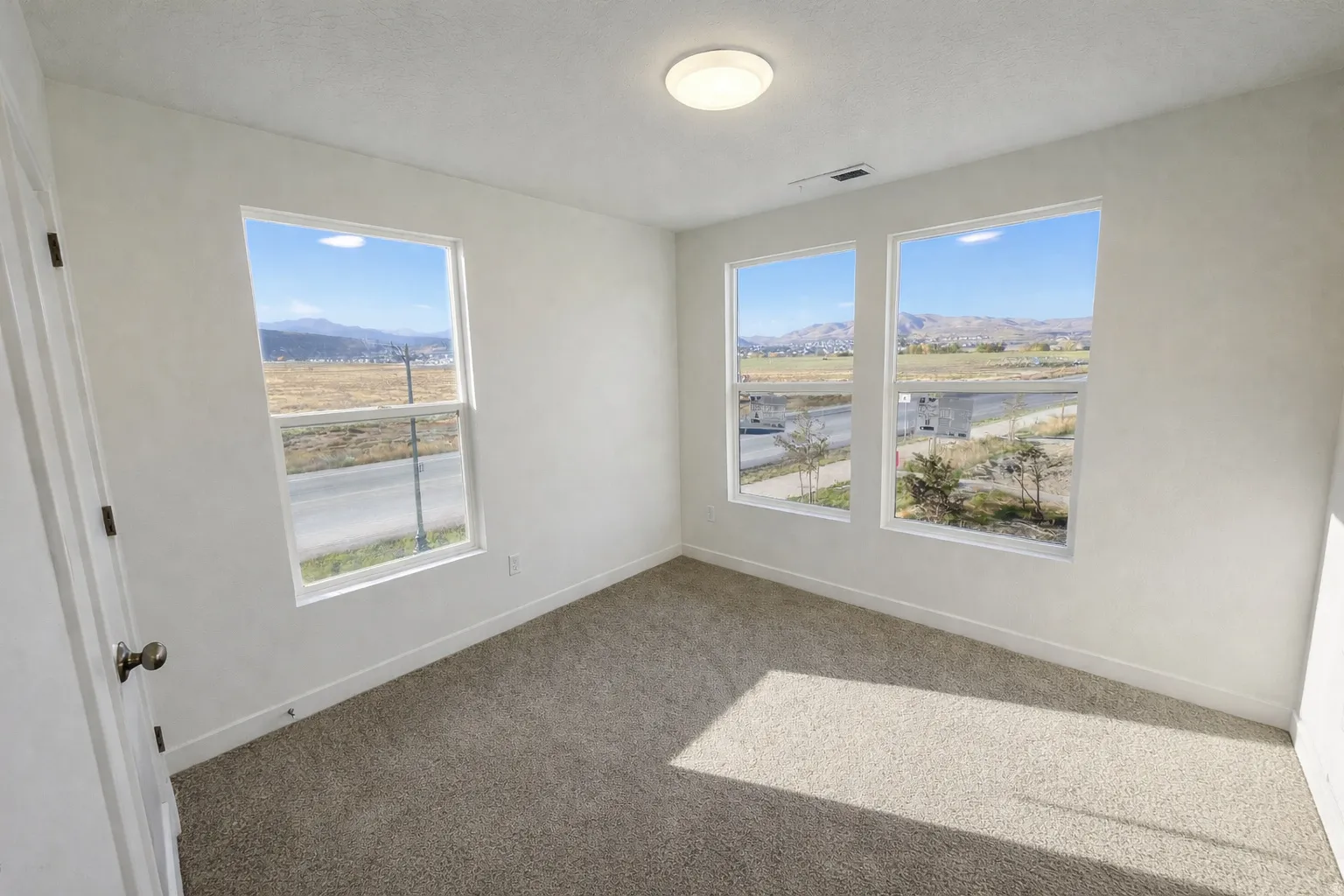 Empty room featuring a mountain view and light colored carpet