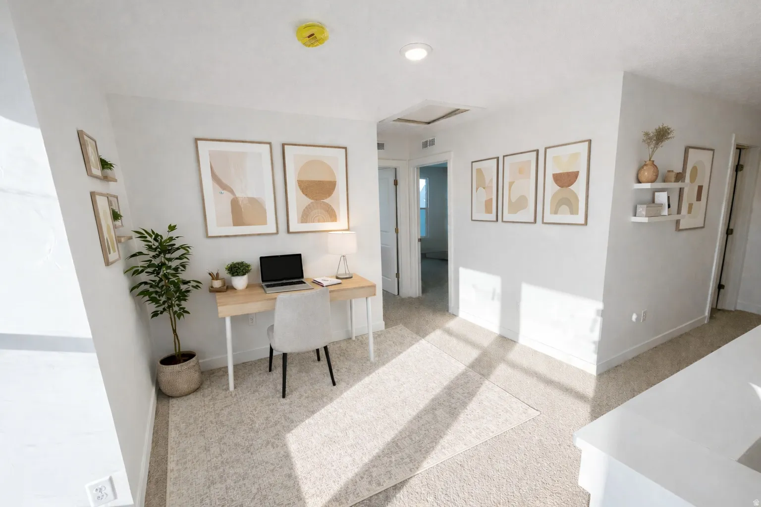 Office featuring attic access and light colored carpet