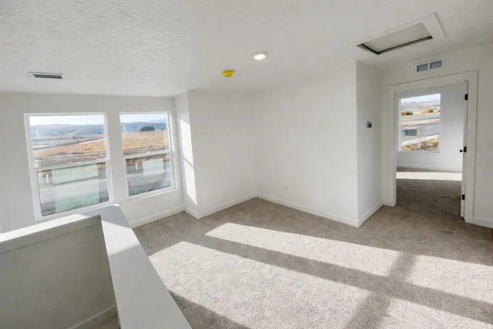 Unfurnished room featuring healthy amount of natural light, light colored carpet, and a textured ceiling