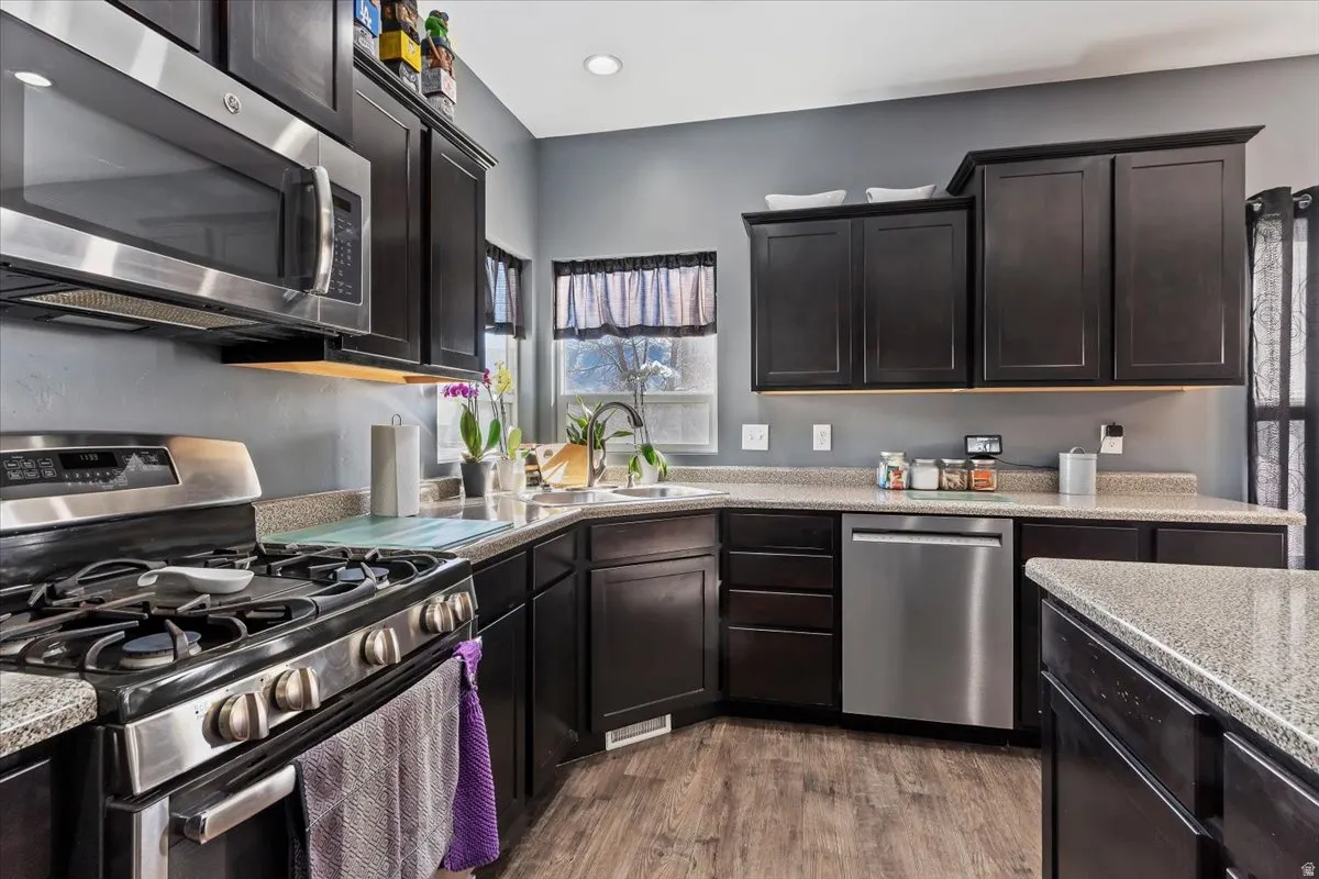 Kitchen with stainless steel appliances, light wood-style flooring, and dark cabinetry