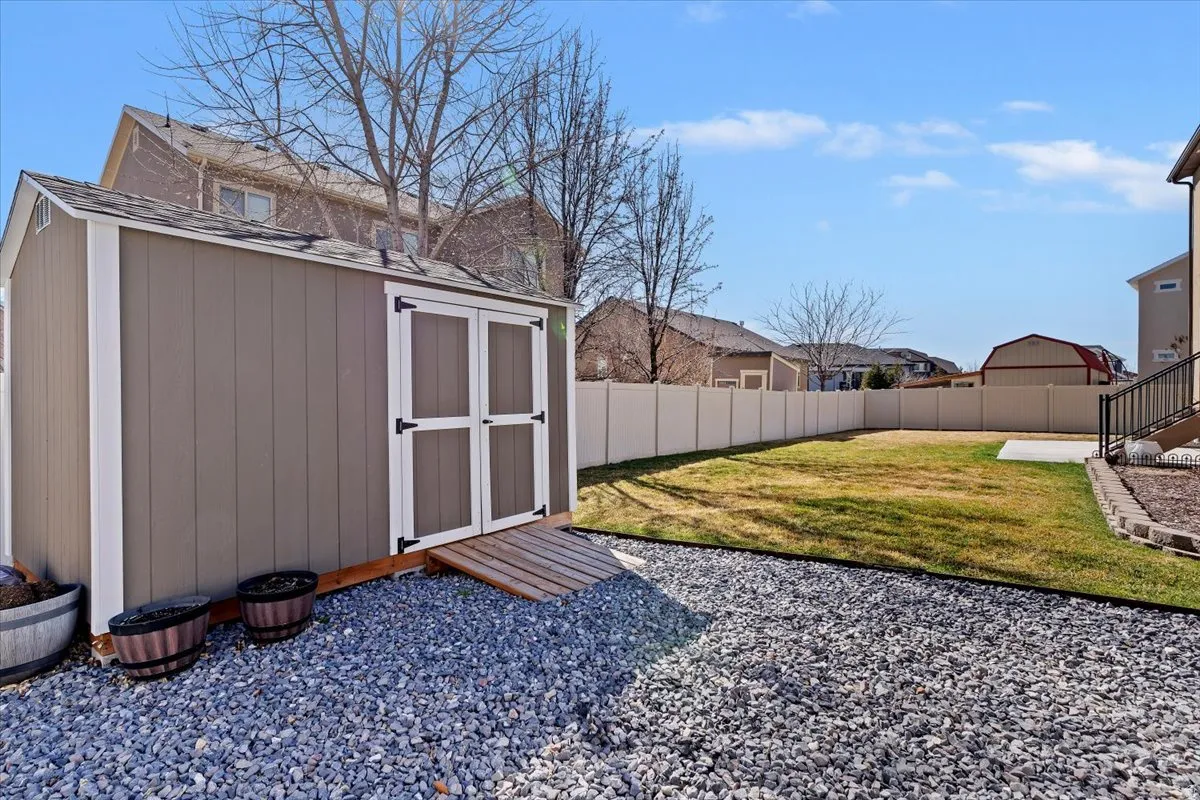 View of shed featuring a fenced backyard