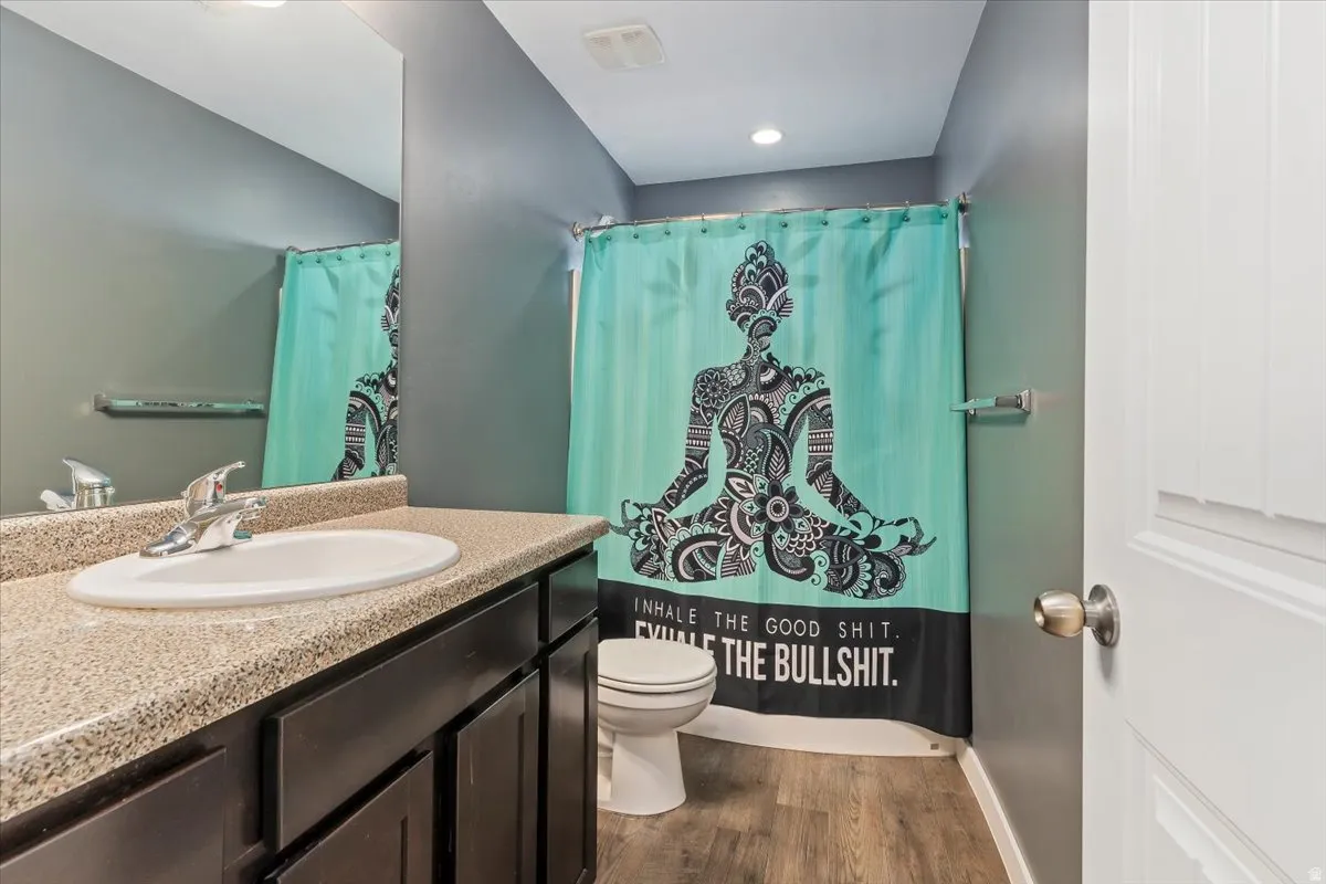 Bathroom featuring vanity, dark wood-style floors, and a shower with shower curtain