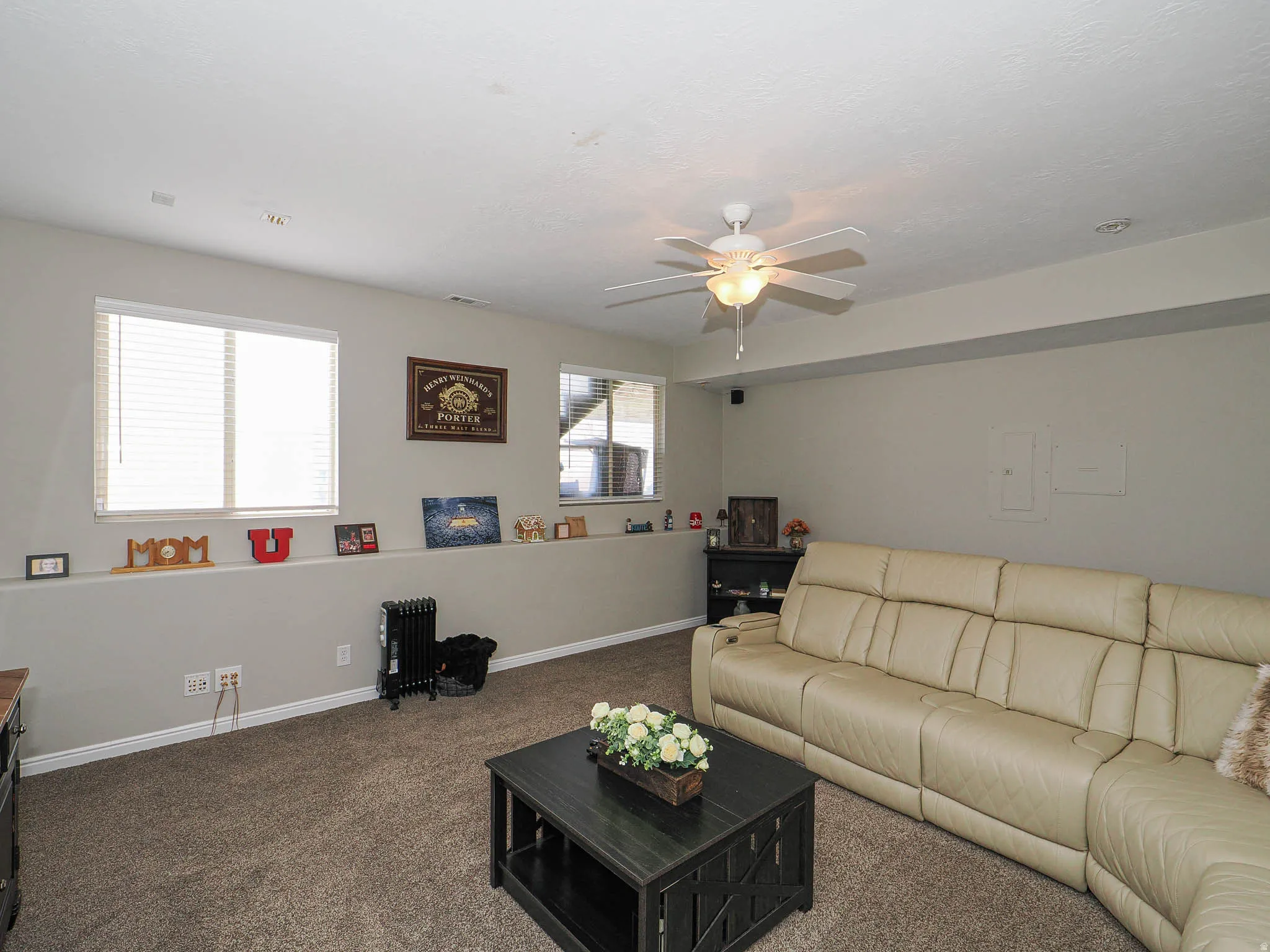 Living room with ceiling fan, radiator heating unit, and carpet floors