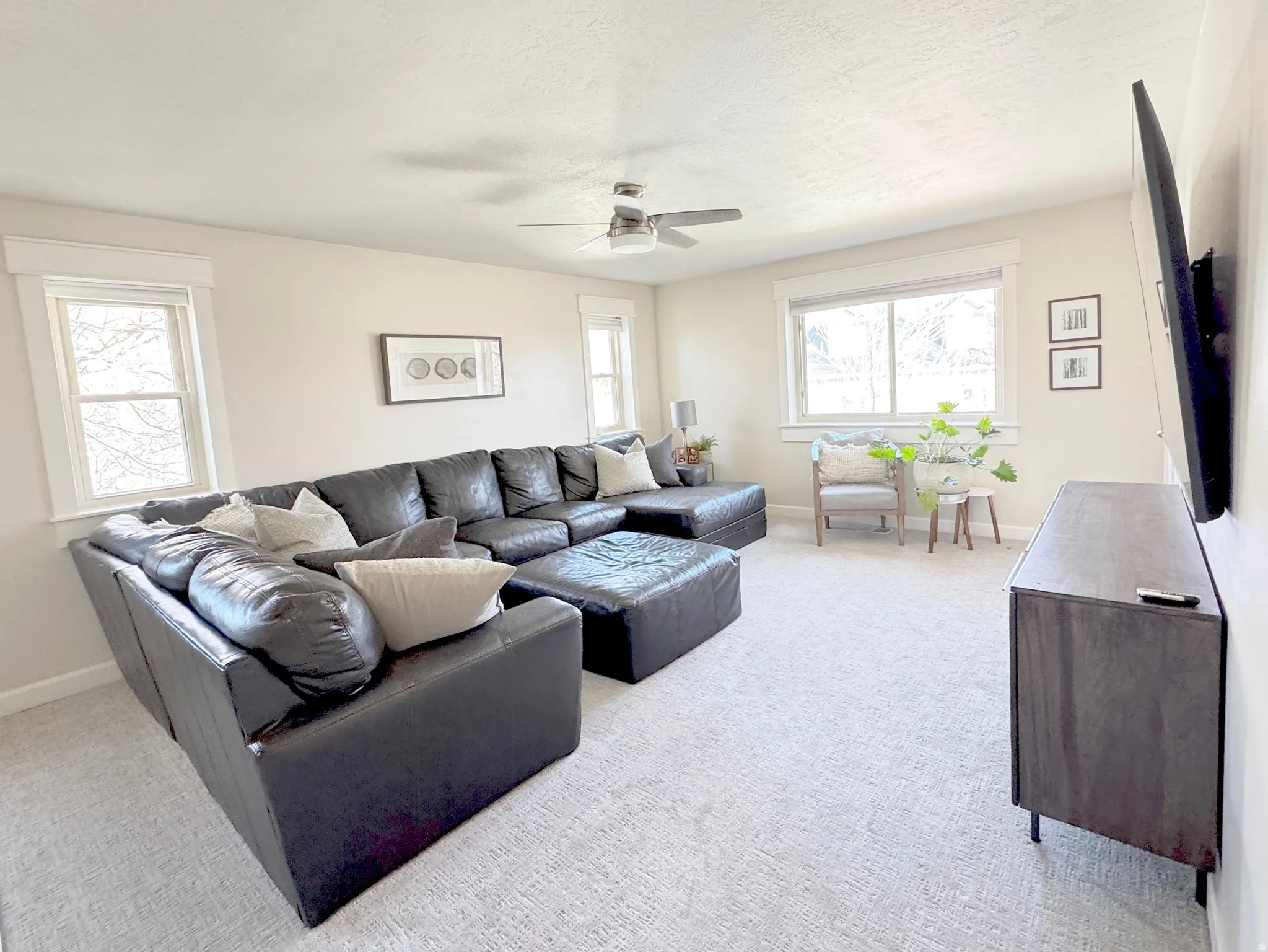 Living area featuring light carpet, a ceiling fan, and lots of natural light