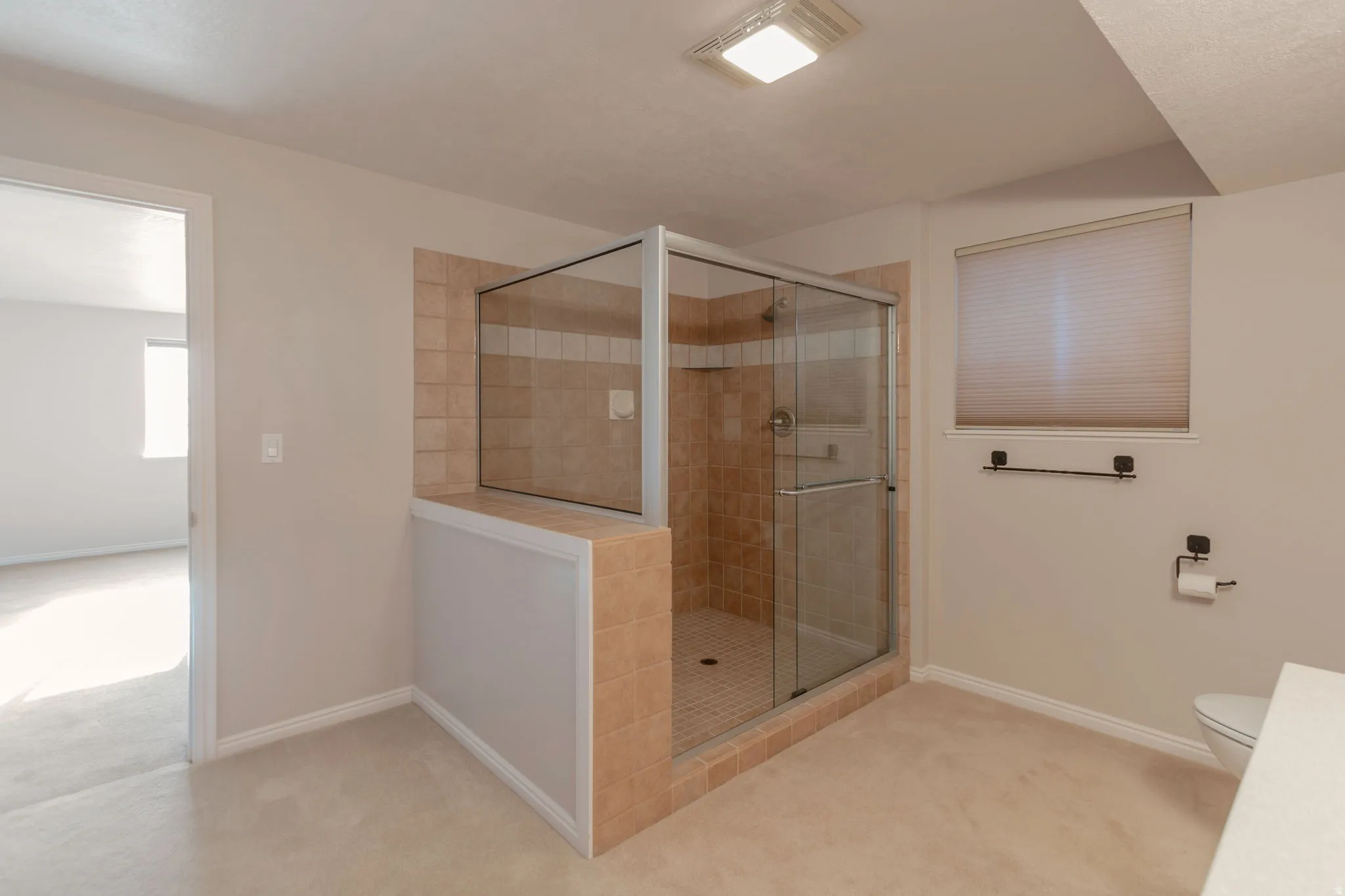 Bathroom featuring a shower stall and light carpet